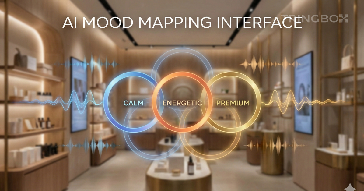 Tringbox AI mood-based music mapping interface with emotional color gradients and soundwave visualization