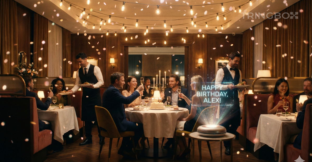 Tringbox Celebration AI creating personalized birthday moment in café with warm ambient atmosphere
