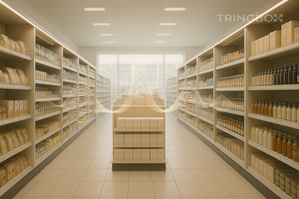 Modern supermarket interior with behaviour-driven layout and Tringbox ambient music for enhanced shopping experience