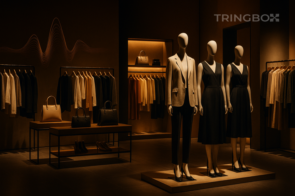 Premium fashion boutique with dramatic lighting and Tringbox AI-curated in-store music for brand identity