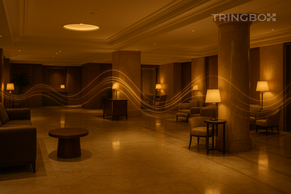 Luxury hotel lobby with grand warm ambience and Tringbox AI premium ambient music experience
